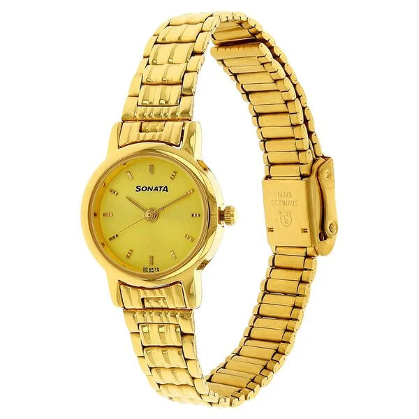 Sonata NS8976YM09W | Sonata Quartz Analog Champagne Dial Stainless Steel Strap Watch for Women