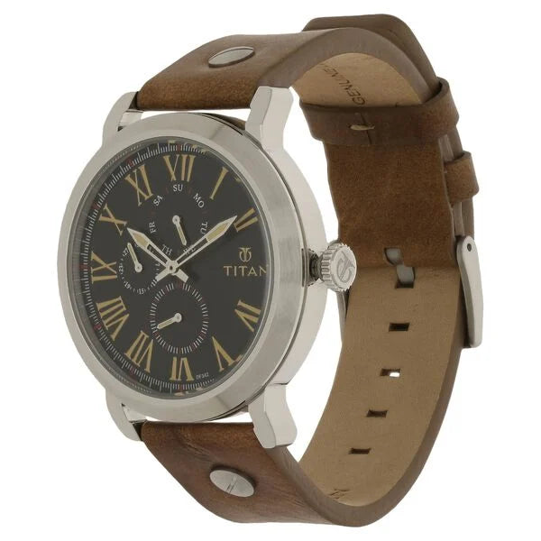 Titan 90049SL03J | Titan Quartz Multifunction Black Dial Leather Strap Watch for Men