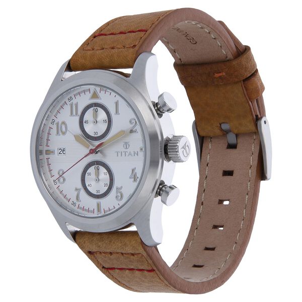 Titan 90052SL01J | Titan Quartz Chronograph Silver Dial Leather Strap Watch for Men