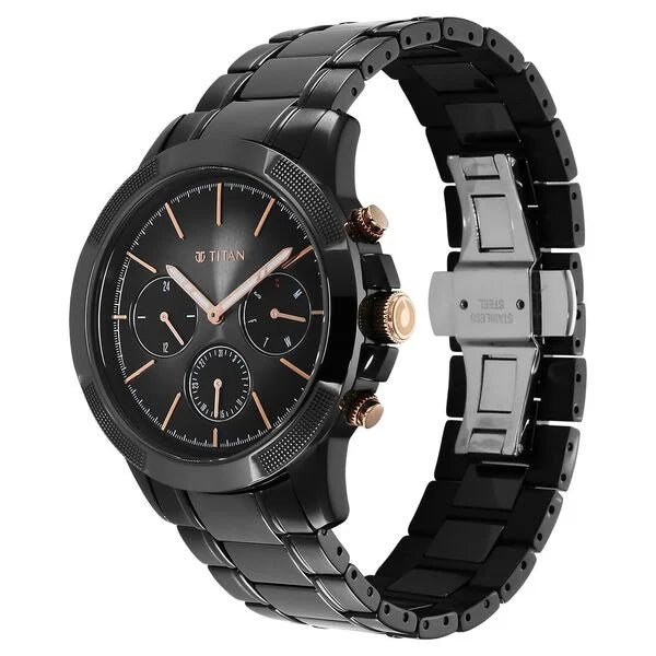 Titan 90090KD03 | Titan Quartet Black Dial Analog with Day and Date Steel and Ceramic Strap watch for Men