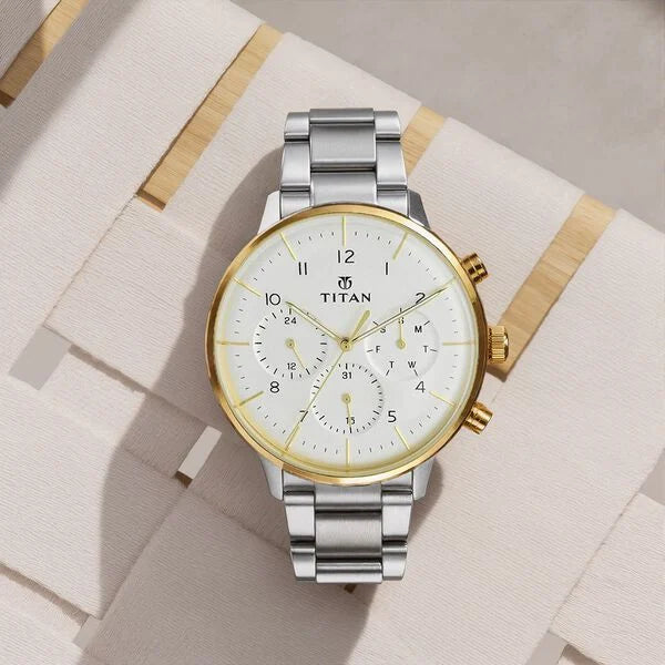Titan 90102BM01 | Titan White Dial Quartz Multifunction Stainless Steel Strap watch for Men