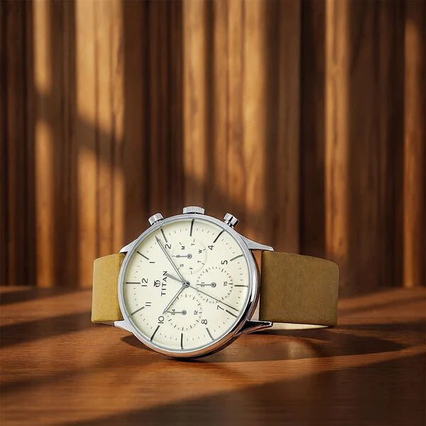 Titan 90102SL02 | Titan On Trend White Dial Quartz Multifunction Leather Strap watch for Men