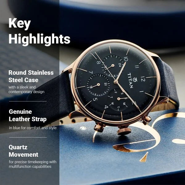 Titan 90102WL02 | Titan Quartz Multifunction Blue Dial Leather Strap Watch for Men