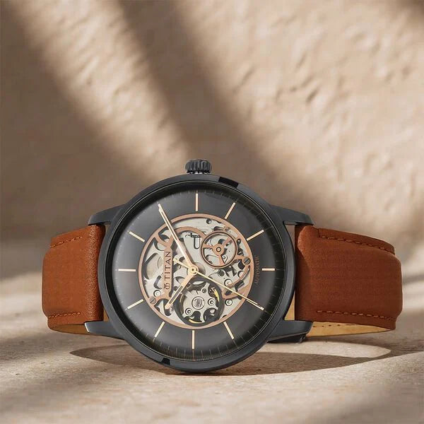 Titan 90110NL01 | Titan Automatics Black Dial Tan Leather Strap Watch for Men