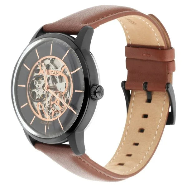 Titan 90110NL01 | Titan Automatics Black Dial Tan Leather Strap Watch for Men