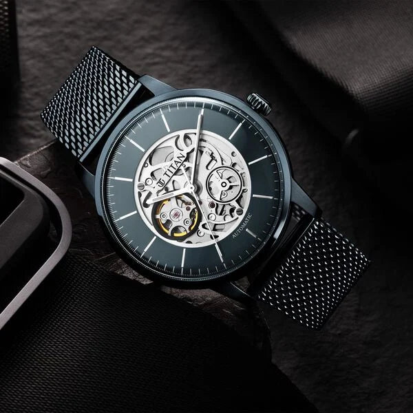 Titan 90110QM01 | Titan Skeletal Automatic Blue Dial Blue Stainless Steel Strap Watch for Men