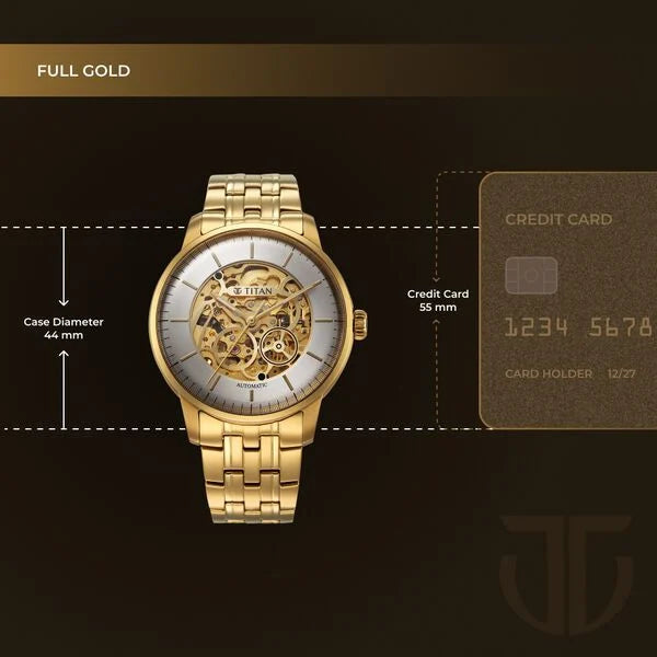 Titan 90110YM01 | Titan Golden Heart Skeletal Automatic Analog with Silver Dial Yellow Gold Stainless Steel Strap Watch for Men