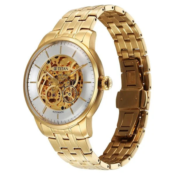 Titan 90110YM01 | Titan Golden Heart Skeletal Automatic Analog with Silver Dial Yellow Gold Stainless Steel Strap Watch for Men