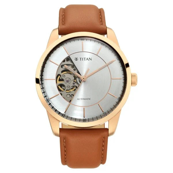 Titan 90126WL01 | Titan Automatics Silver Round Dial Brown Leather Strap Watch For Men