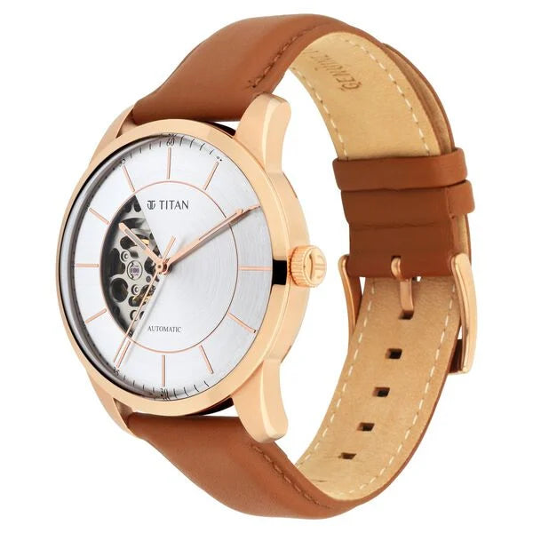 Titan 90126WL01 | Titan Automatics Silver Round Dial Brown Leather Strap Watch For Men