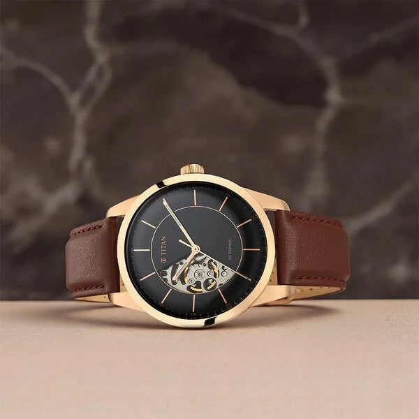 Titan 90126WL02 | Titan Automatic Sectoral Black Dial Brown Leather Strap Watch for Men