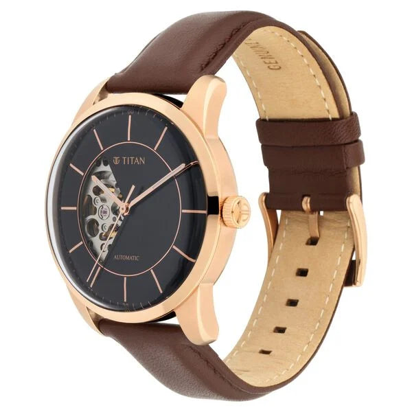 Titan 90126WL02 | Titan Automatic Sectoral Black Dial Brown Leather Strap Watch for Men