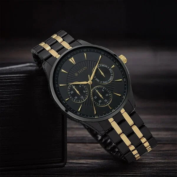 Titan 90127KM01 | Titan Regalia Opulent Black Dial Multifunction Stainless Steel Strap watch for Men