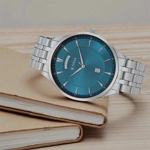 Titan 90127SM01 | Titan Opulent Blue Dial Analog with Day and Date Stainless Steel Strap watch for Men