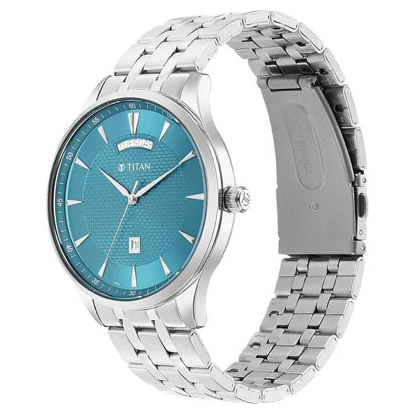 Titan 90127SM01 | Titan Opulent Blue Dial Analog with Day and Date Stainless Steel Strap watch for Men