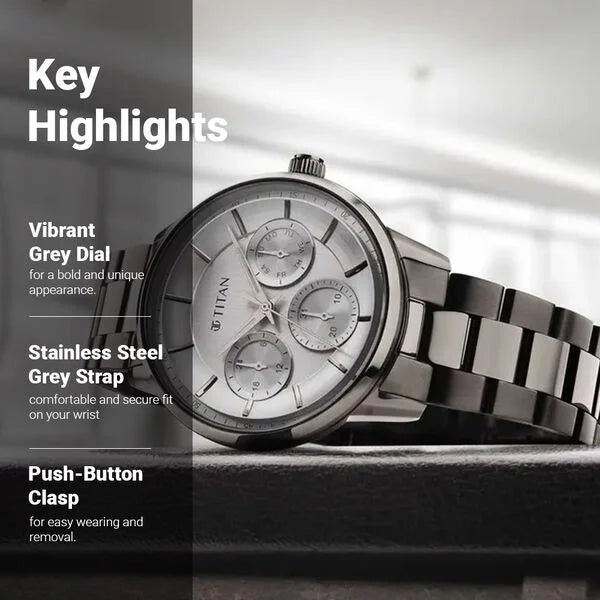 Titan 90133QM01 | Titan Urban Magic Grey Dial Quartz Multifunction Stainless Steel Strap watch for Men