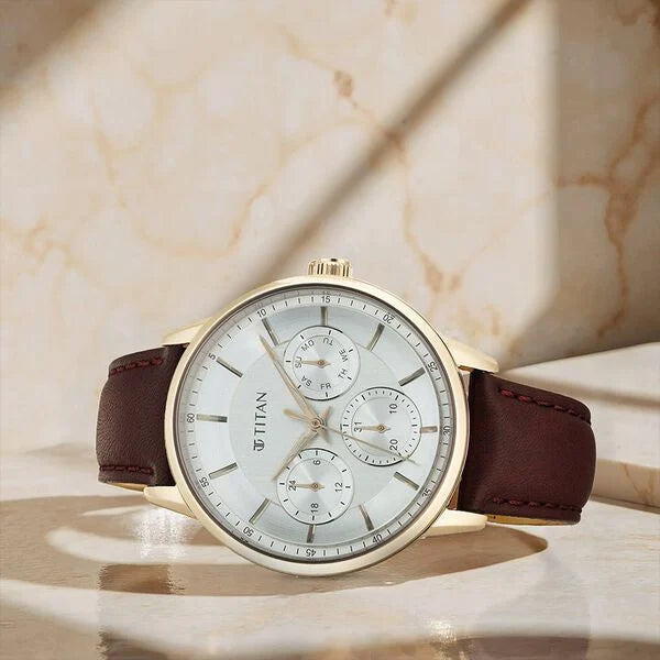 Titan 90133WL01 | Titan Urban Magic Silver Dial Quartz Multifunction Leather Strap watch for Men
