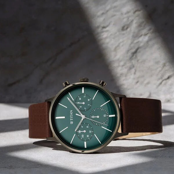Titan 90134QL01 | Titan Quartz Multifunction Green Dial Leather Strap Watch for Men