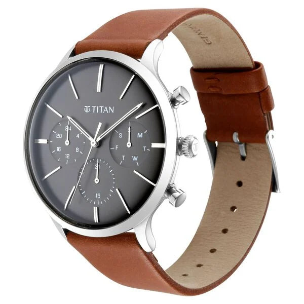 Titan 90134SL01 | Titan Light Leathers Multifunction Black Dial Brown Leather Strap Watch For Men