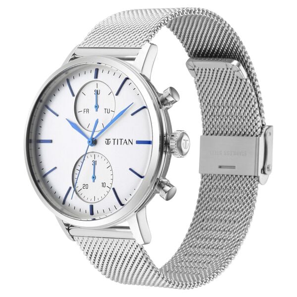 Titan 90135NM01 | Titan Light Leathers Multifunction Silver Dial Silver Stainless Steel Strap Watch For Men