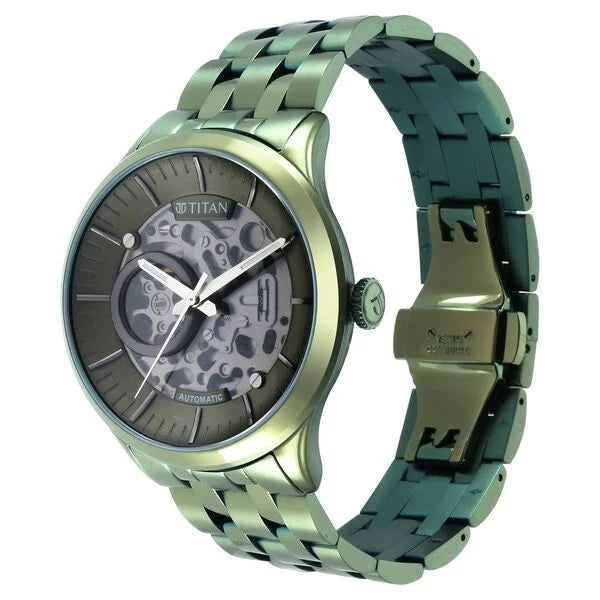 Titan 90140QM01 | Titan Metal Mechanicals Black Dial Green Stainless Steel Strap Watch for Men