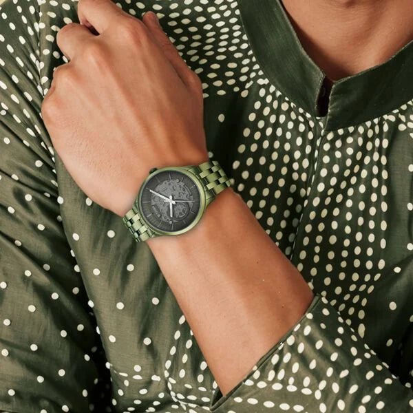 Titan 90140QM01 | Titan Metal Mechanicals Black Dial Green Stainless Steel Strap Watch for Men