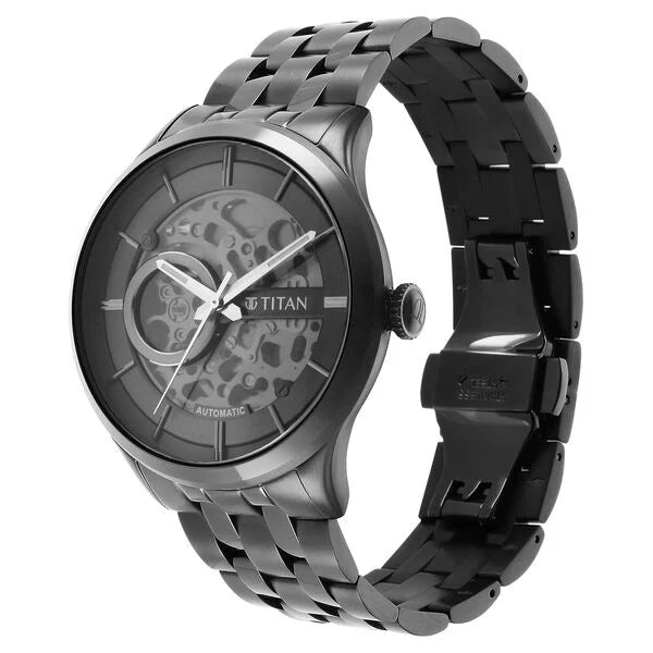Titan 90140QM02 | Titan Metal Mechanicals Black Dial Black Stainless Steel Strap Watch for Men