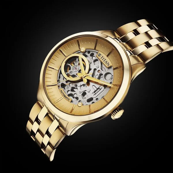 Titan 90140YM01 | Titan Metal Mechanicals Golden Dial Golden Stainless Steel Strap Watch for Men
