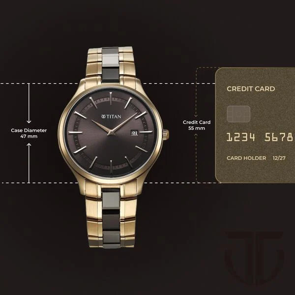 Titan 90142KD02 | Titan Slim Ceramic Fusion Quartz Analog with Date Grey Dial Stainless Steel Strap Watch For Men
