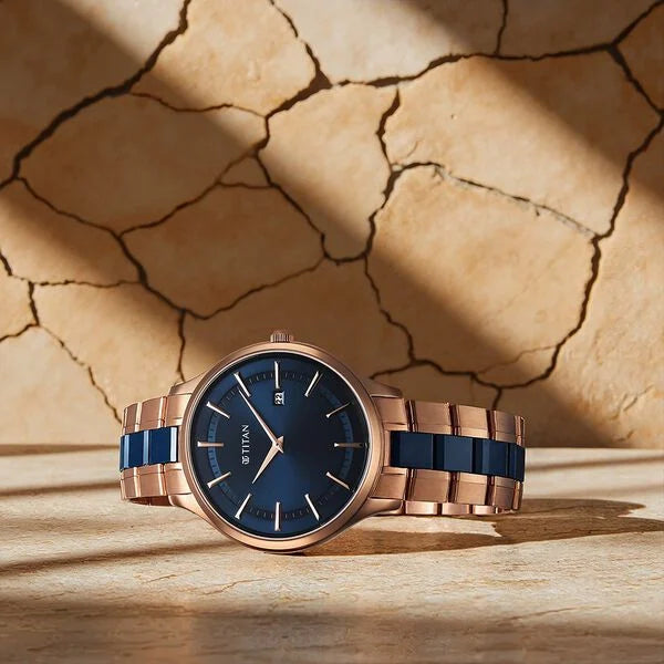 Titan 90142KD03 | Titan Slim Ceramic Fusion Quartz Analog with Date Blue Dial Stainless Steel Strap Watch For Men