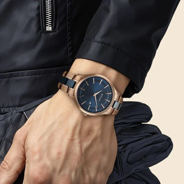 Titan 90142KD03 | Titan Slim Ceramic Fusion Quartz Analog with Date Blue Dial Stainless Steel Strap Watch For Men