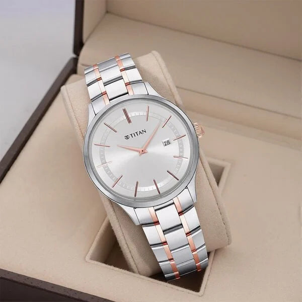 Titan 90142KM01 | Titan Classique Slimline Silver Dial Analog with Date Stainless Steel Strap watch for Men