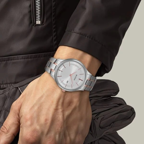 Titan 90142KM01 | Titan Classique Slimline Silver Dial Analog with Date Stainless Steel Strap watch for Men