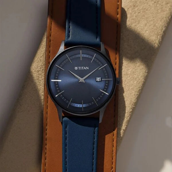 Titan 90142NL01 | Titan Classique Slimline Blue Dial Analog with Date Leather Strap watch for Men