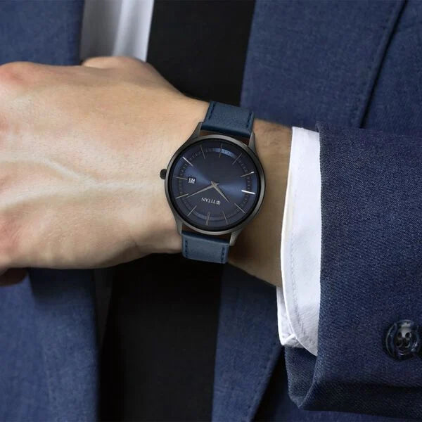 Titan 90142NL01 | Titan Classique Slimline Blue Dial Analog with Date Leather Strap watch for Men
