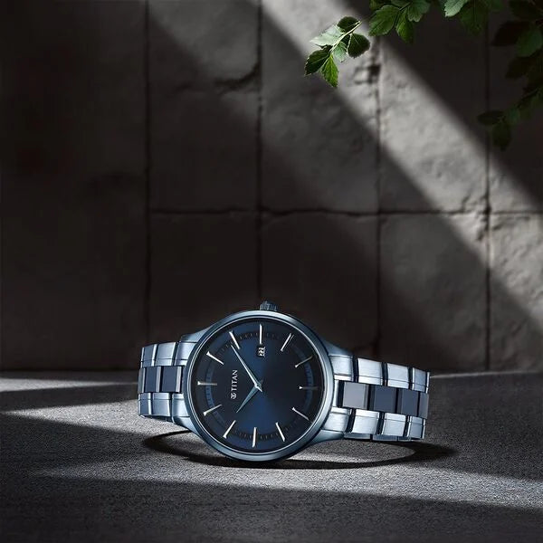 Titan 90142QD01 | Titan Slim Ceramic Fusion Quartz Analog with Date Blue Dial Stainless Steel Strap Watch For Men