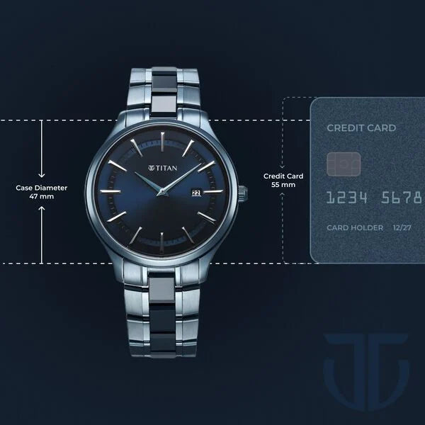 Titan 90142QD01 | Titan Slim Ceramic Fusion Quartz Analog with Date Blue Dial Stainless Steel Strap Watch For Men