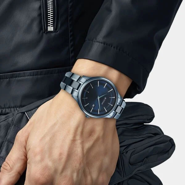 Titan 90142QD01 | Titan Slim Ceramic Fusion Quartz Analog with Date Blue Dial Stainless Steel Strap Watch For Men