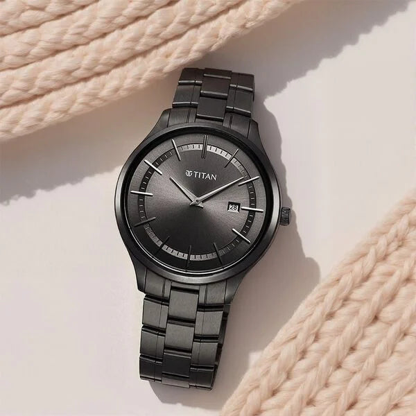 Titan 90142QM06 | Titan Clasique Slim Quartz Analog with Date Grey Dial With Grey Color Stainless Steel Strap Watch For Men