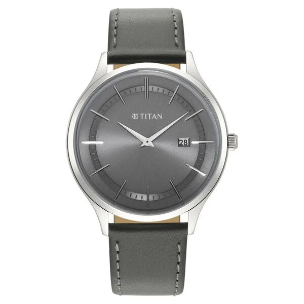 Titan 90142SL01 | Titan Classique Slimline Grey Dial Analog with Date Leather Strap Watch for Men