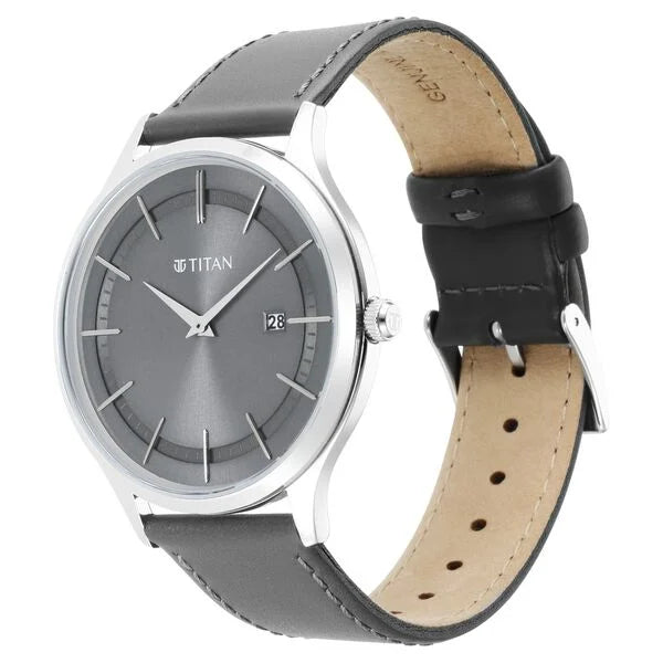 Titan 90142SL01 | Titan Classique Slimline Grey Dial Analog with Date Leather Strap Watch for Men