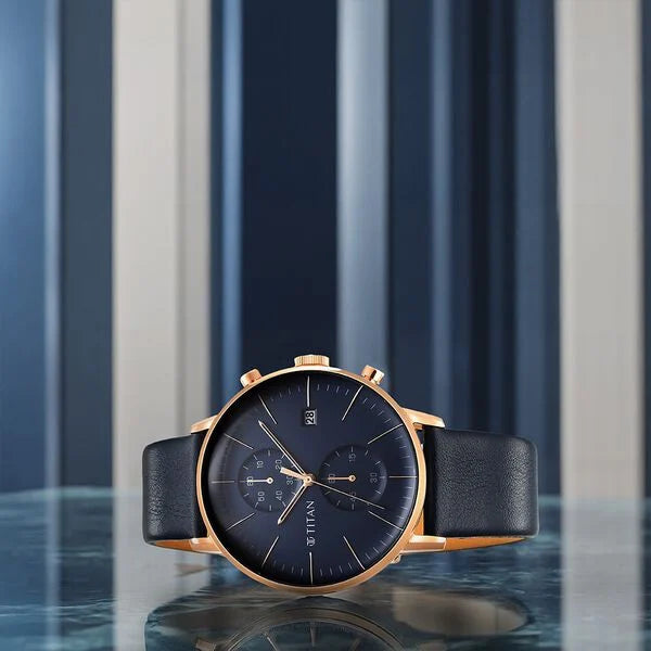 Titan 90146WL01 | Titan Infinity Display Blue Dial Chronograph Leather Strap watch for Men