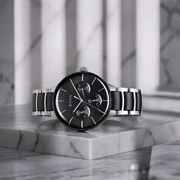 Titan 90148KD01 | Titan Ceramic Fusion Quartz Multifunction Black Dial Silver Dual-Toned Stainless Steel Bracelet Watch for Men
