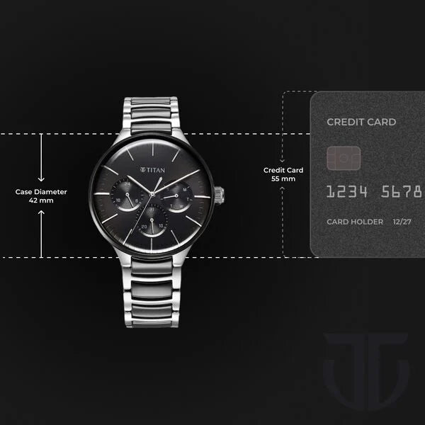 Titan 90148KD01 | Titan Ceramic Fusion Quartz Multifunction Black Dial Silver Dual-Toned Stainless Steel Bracelet Watch for Men
