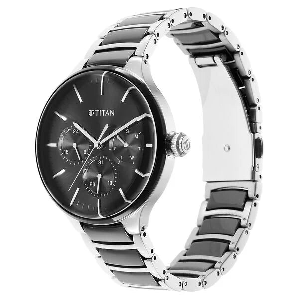 Titan 90148KD01 | Titan Ceramic Fusion Quartz Multifunction Black Dial Silver Dual-Toned Stainless Steel Bracelet Watch for Men