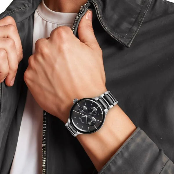 Titan 90148KD01 | Titan Ceramic Fusion Quartz Multifunction Black Dial Silver Dual-Toned Stainless Steel Bracelet Watch for Men