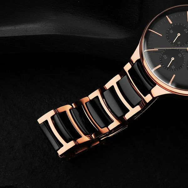 Titan 90148KD03 | Titan Ceramic Fusion Quartz Multifunction Black Dial Rose Gold Dual-Toned Stainless Steel Bracelet Watch for Men