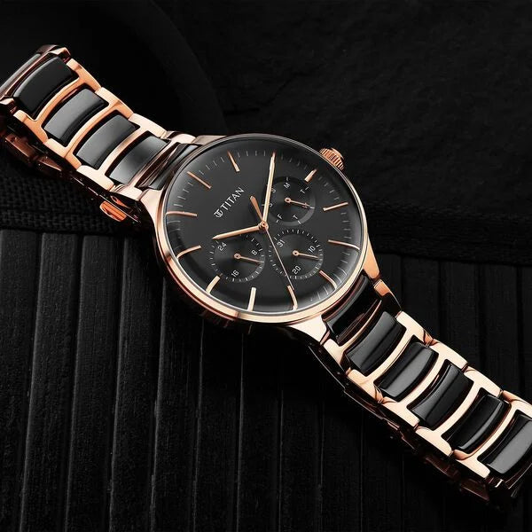 Titan 90148KD03 | Titan Ceramic Fusion Quartz Multifunction Black Dial Rose Gold Dual-Toned Stainless Steel Bracelet Watch for Men