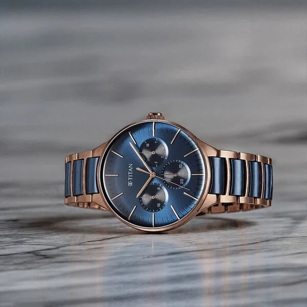 Titan 90148KD04 | Titan Ceramic Fusion Quartz Multifunction Blue Dial With Two Toned Color Stainless Steel Strap Watch For Men