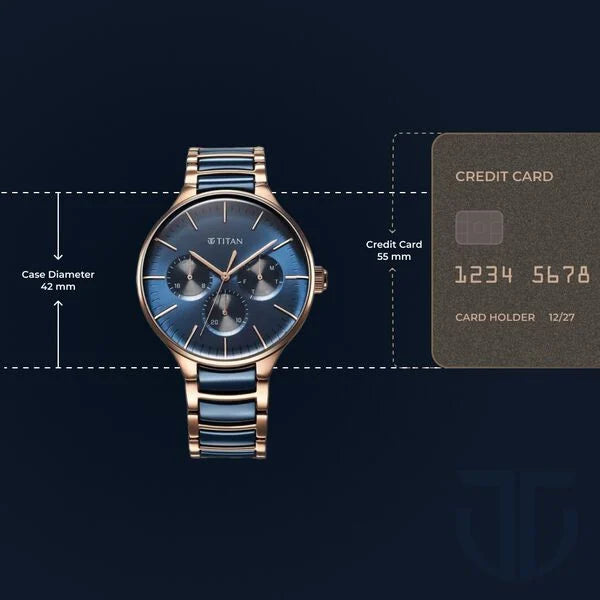 Titan 90148KD04 | Titan Ceramic Fusion Quartz Multifunction Blue Dial With Two Toned Color Stainless Steel Strap Watch For Men